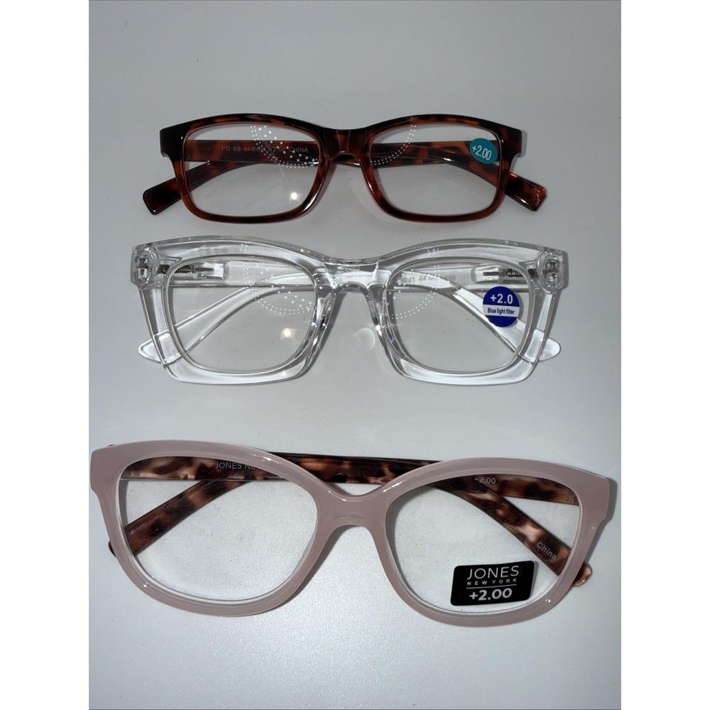 3 Pairs of NEW +2.0 Reading Eyeglasses-Cat Eye, Round & Square- Jones New York
